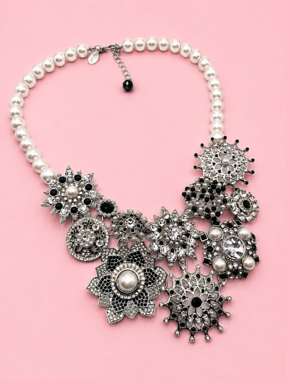WHBM White House Black Market Pearl Crystal Statement Bib Necklace Silver Black